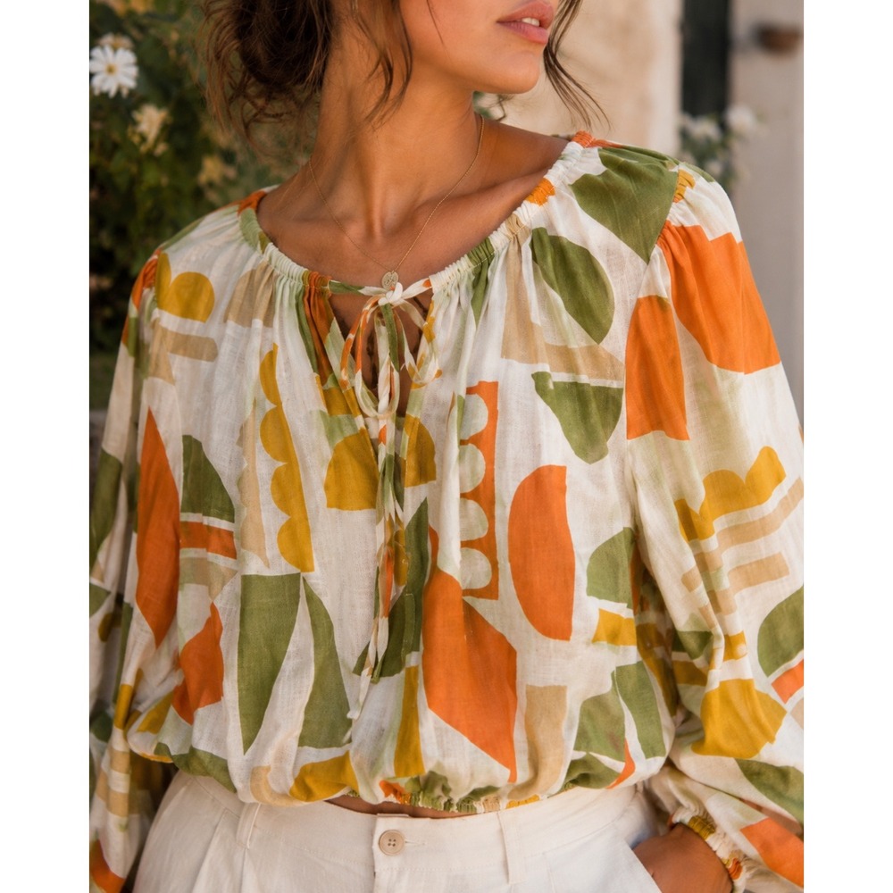 Gianni Bini Womens Abstract Geometric Linen Blend Balloon Sleeve Blouse Medium
